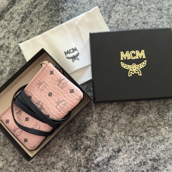 NEW MCM Powder Pink Visetos Coated Canvas Small Zippered Coin Pouch W/ Lanyard - Picture 2 of 15